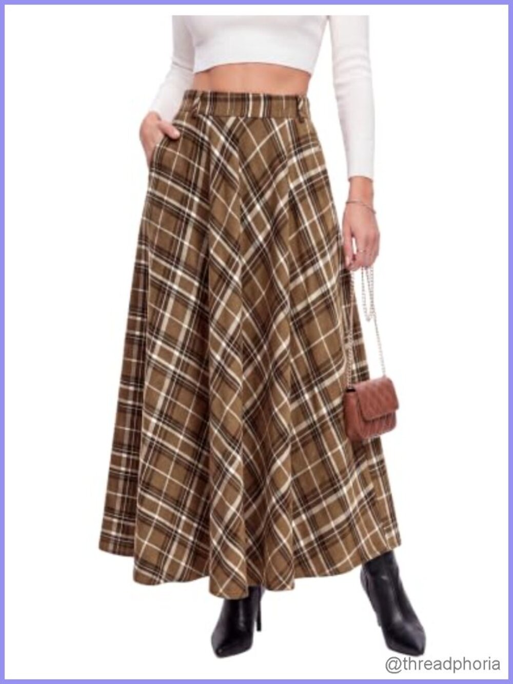 Womens Plaid Maxi Skirt Long A-Line High Waist with Pockets Fall Winter